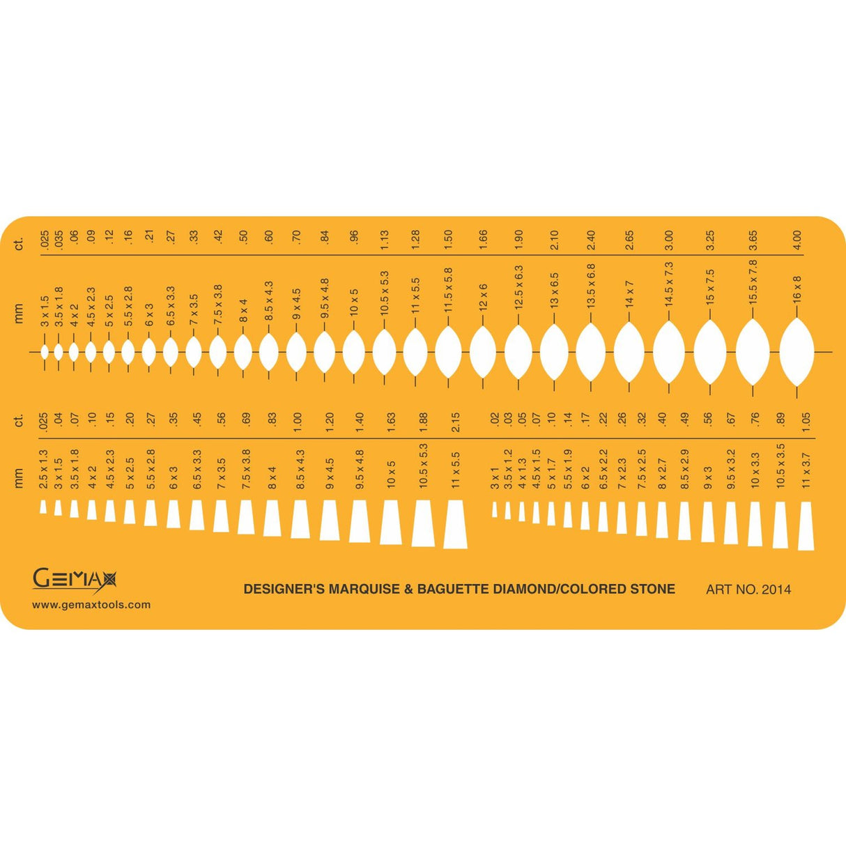 Jewelry diamond gauge template #2014 showing marquise and baguette stone sizes with mm and carat measurements