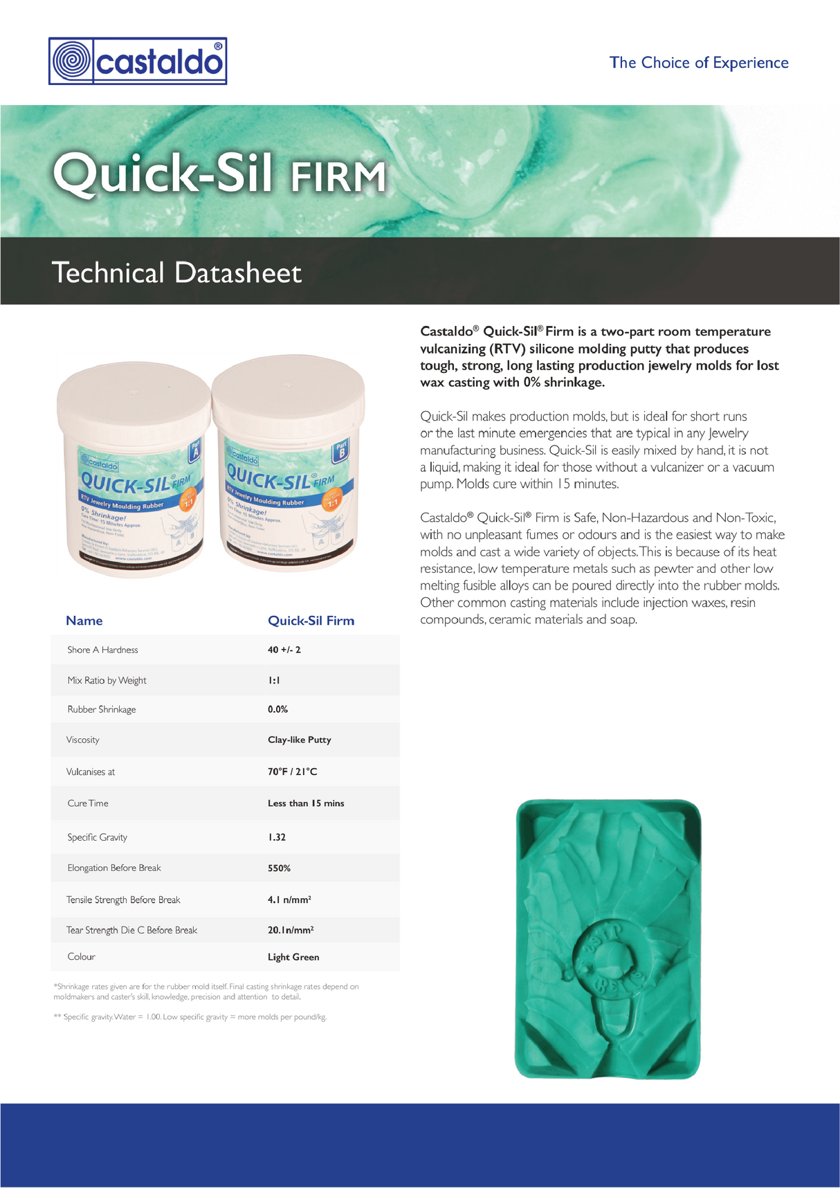 Castaldo QuickSil Firm silicone rubber for jewellery mould making, fast curing RTV 2-part system