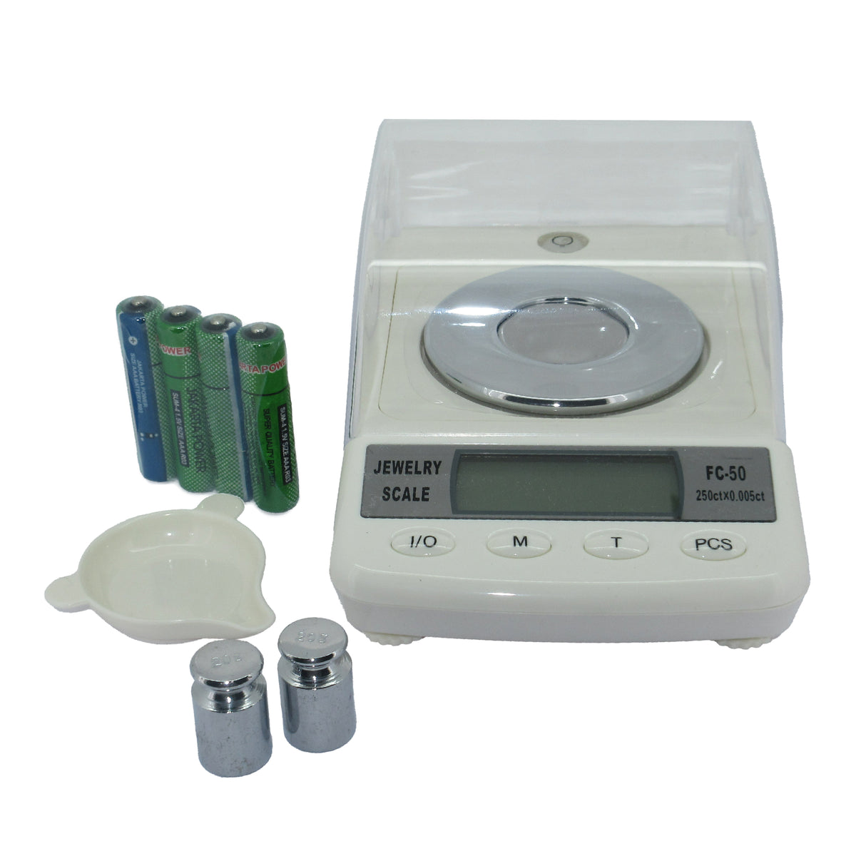 Compact jewelry scale with calibration weights and tray