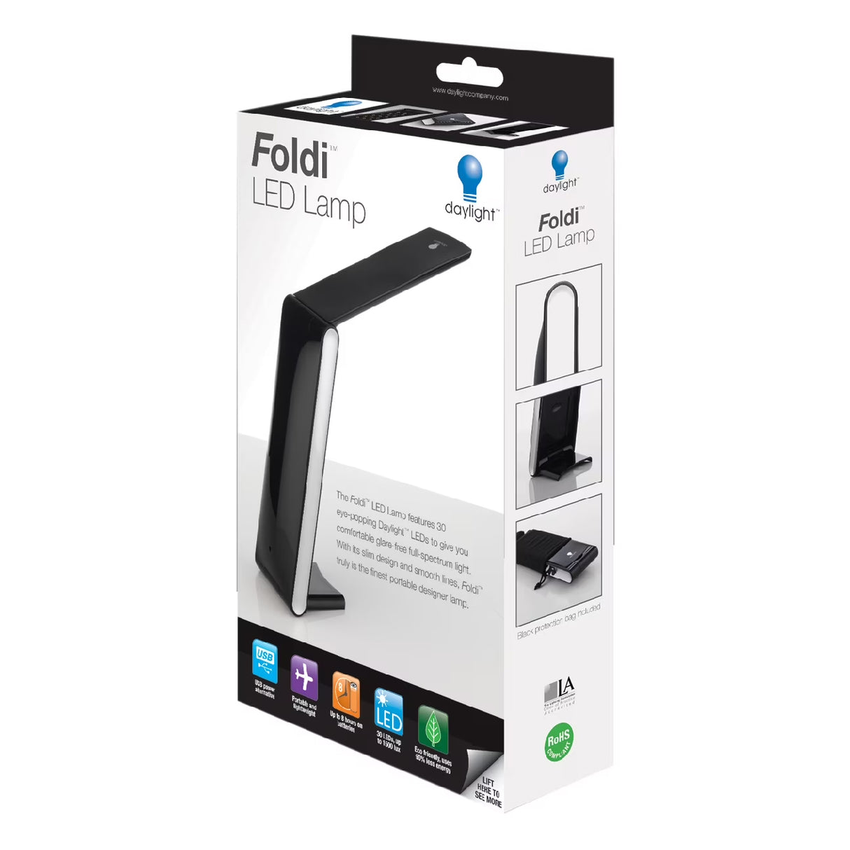 Black Foldi LED lamp showing 30 daylight LEDs for detailed work