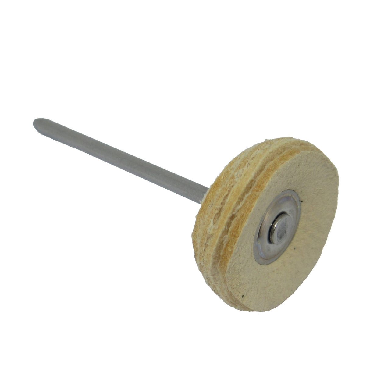 Side view of 22 mm mounted leather lap, showing sturdy shaft for rotary tools