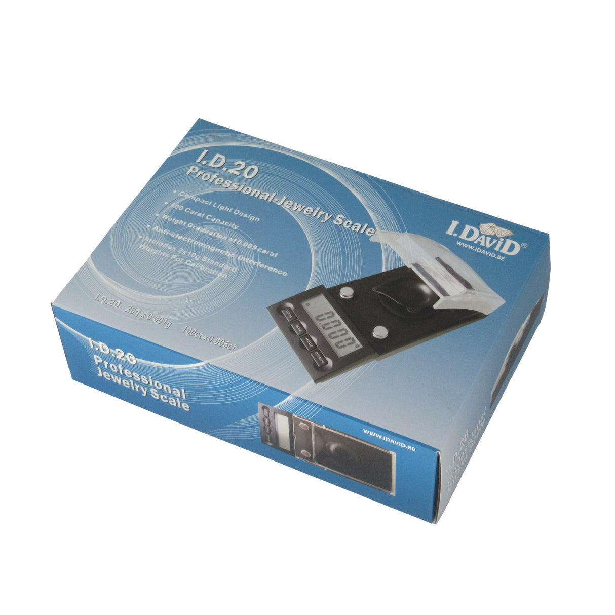 I.D.20 digital jewelry scale with protective cover open and LCD display