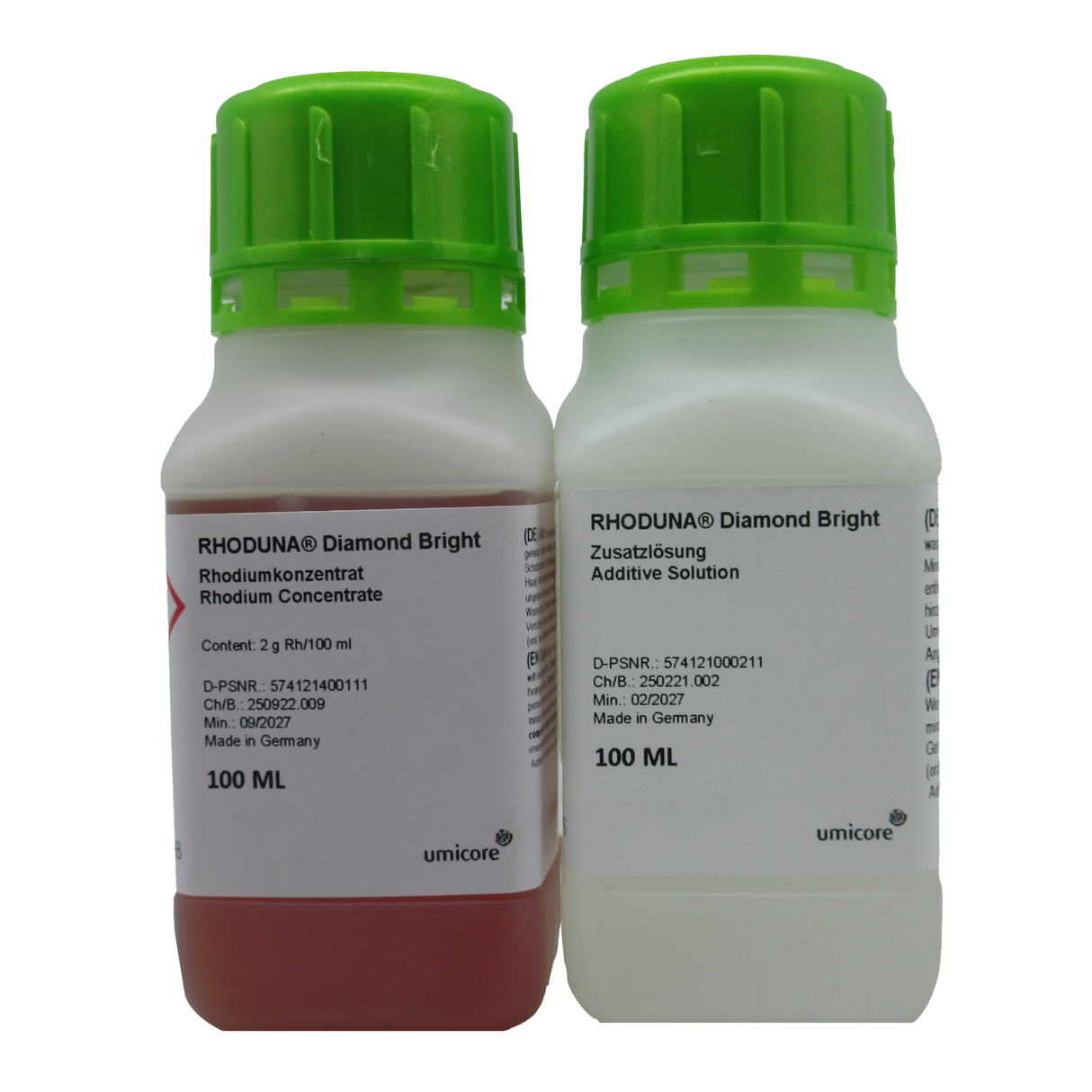 RHODUNA® Diamond Bright Rhodium Electrolyte and Additive Solution by Umicore for professional rhodium plating