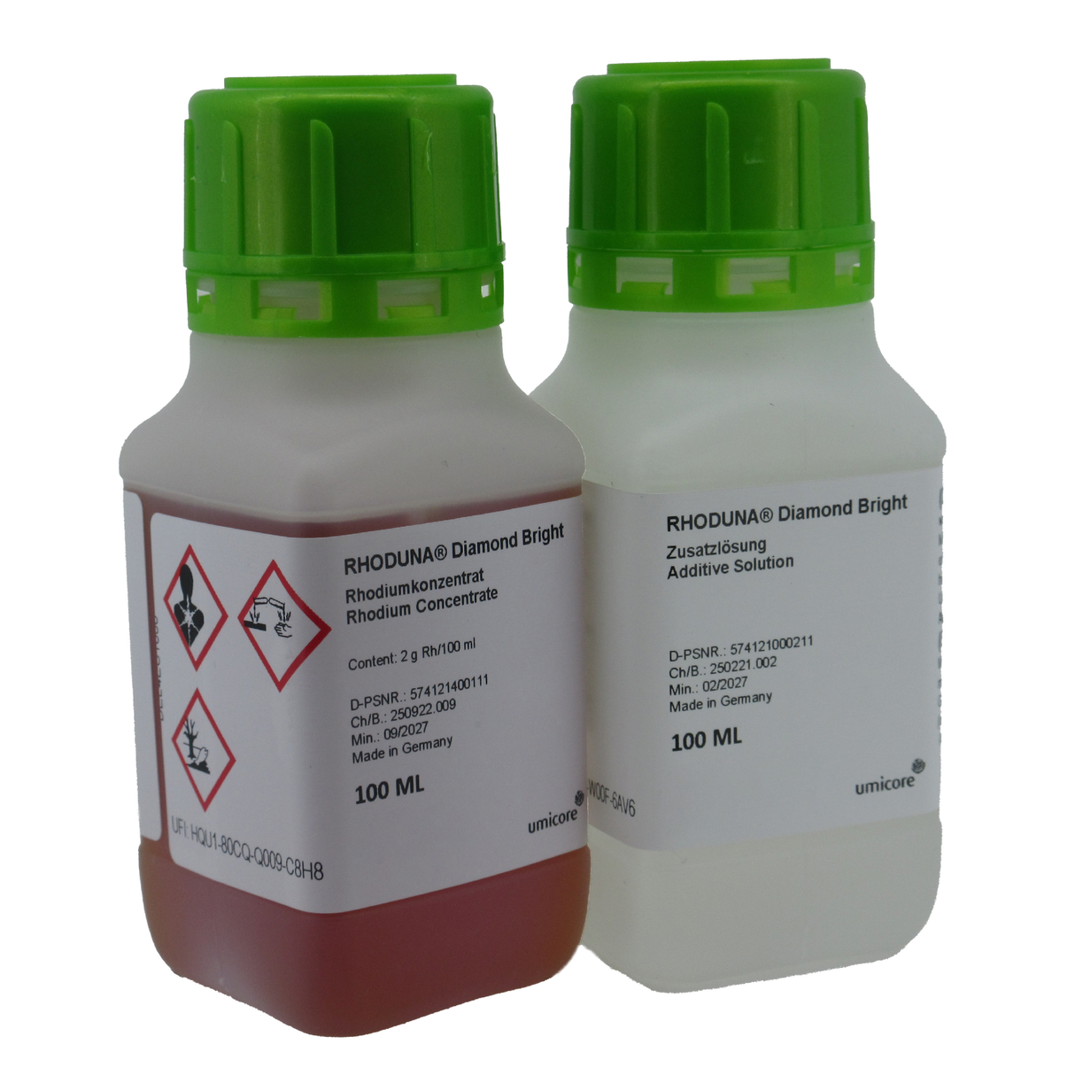RHODUNA® Diamond Bright Rhodium Electrolyte and Additive Solution by Umicore for professional rhodium plating