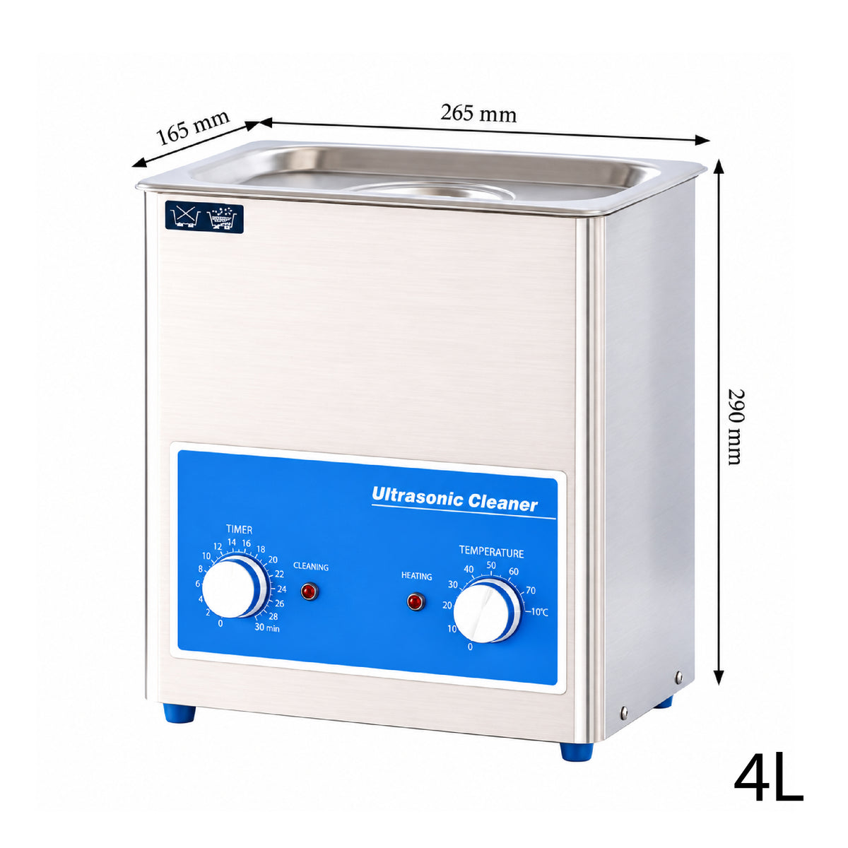 Stainless steel 4L ultrasonic cleaner with 100W power and 40kHz cleaning frequency
