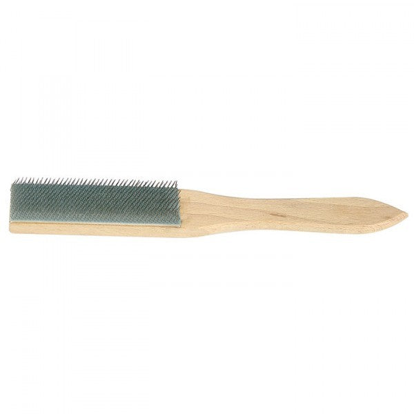 Steel bristle file cleaner with shaped wooden handle for cleaning clogged file teeth