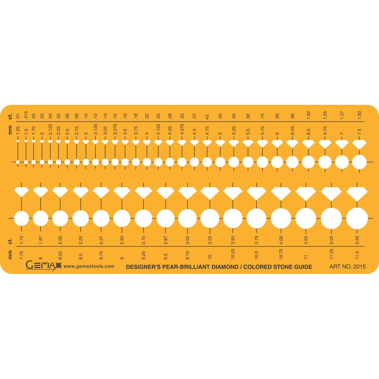 Jewelry diamond gauge template #2015 showing pear and brilliant diamond sizes with mm and carat measurements