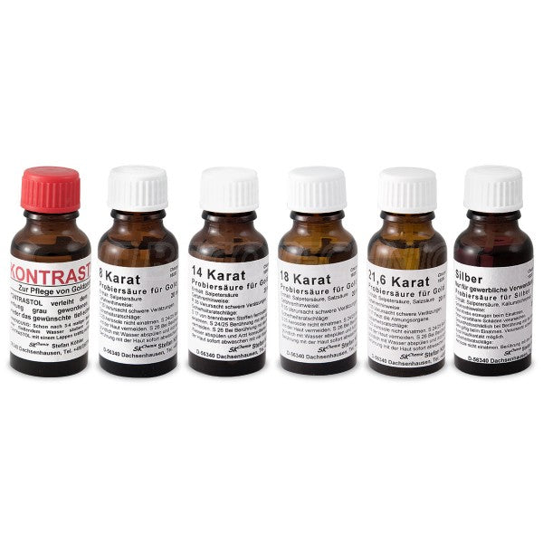 Gold testing kit with touchstone and gold and silver testing solutions