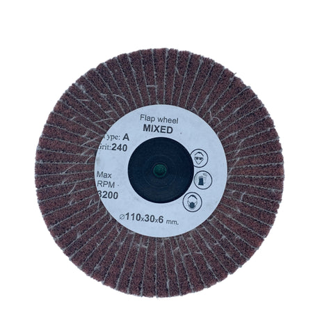Mixed flap wheel with Scotch-Brite and emery paper, Ø110 mm abrasive wheel for surface finishing.
