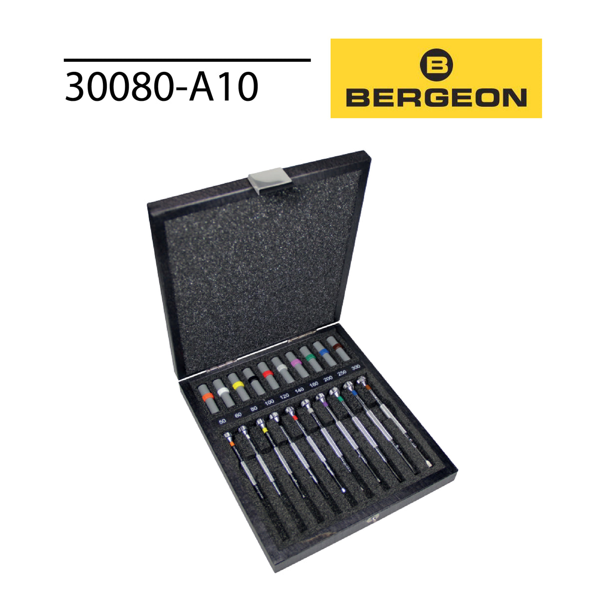 Bergeon 30080-A10 Swiss 10-piece precision screwdriver set with wooden case