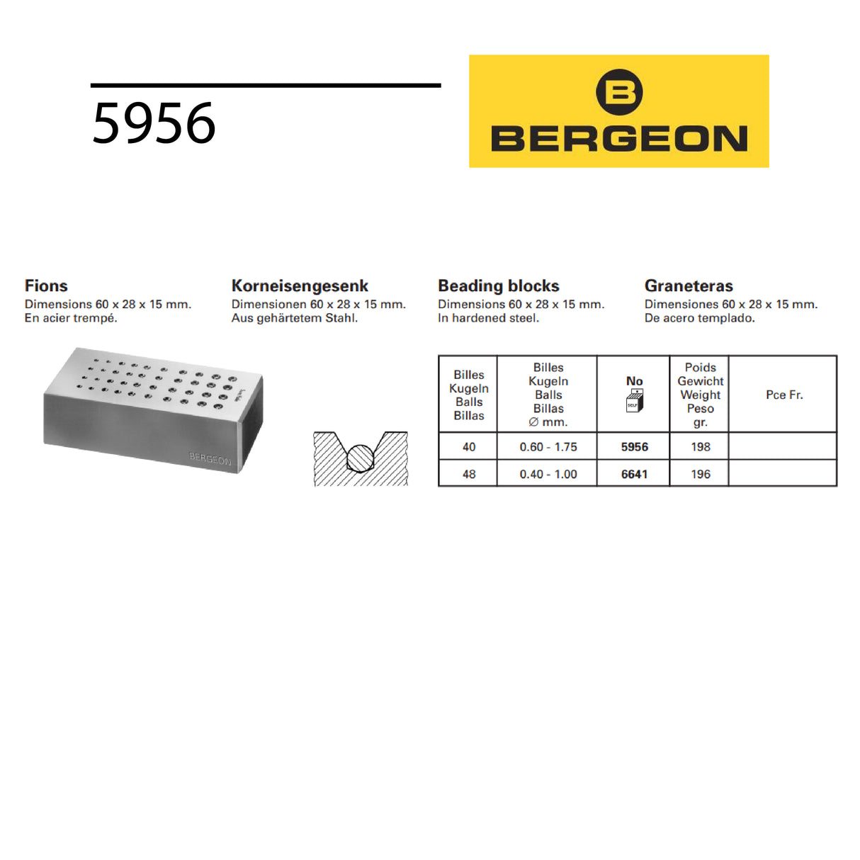 Bergeon 5956 hardened steel dapping block with 0.60 mm to 1.75 mm cavities