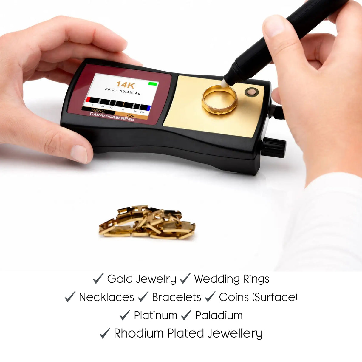 Professional gold jewellery tester for verifying gold hallmarks and authenticity
