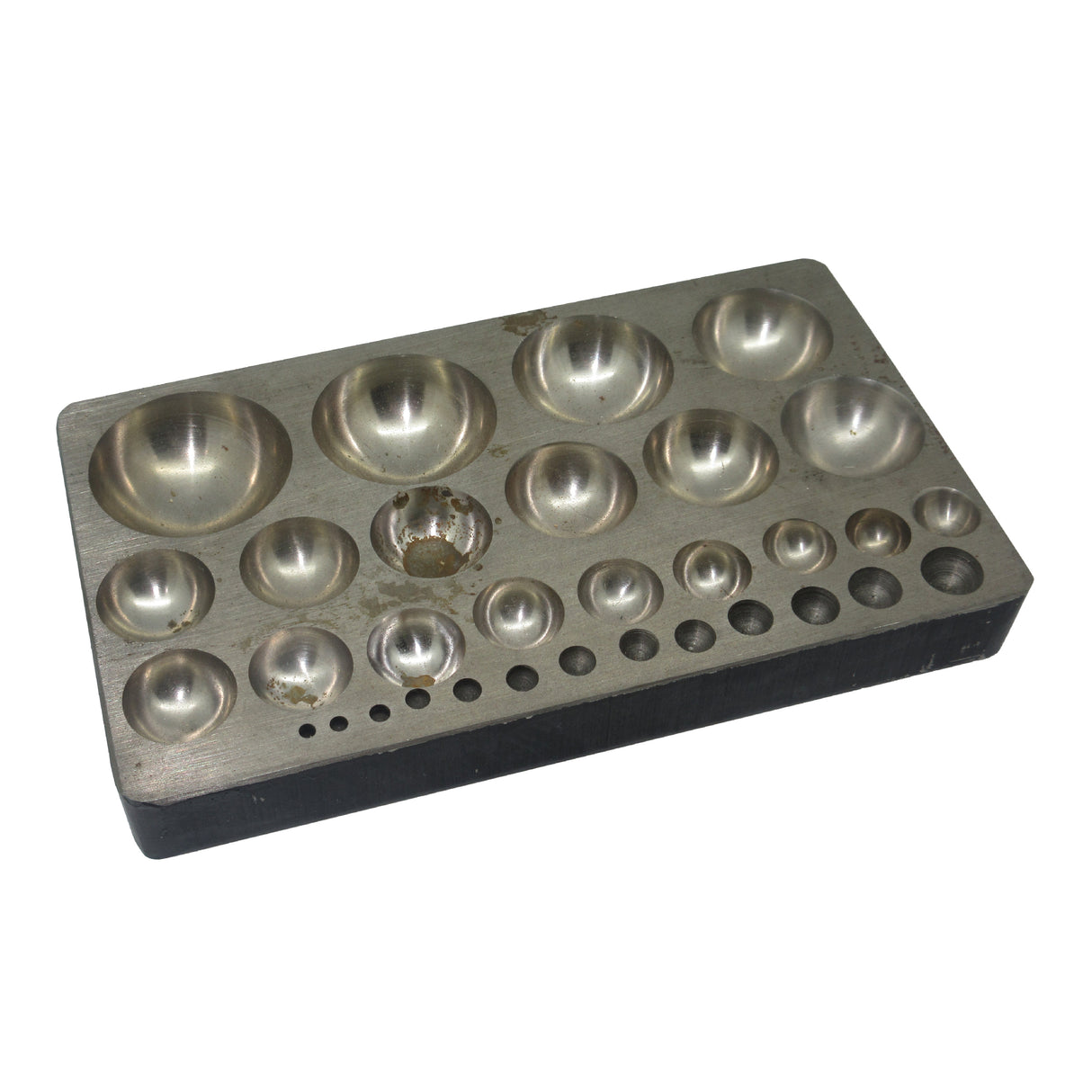Steel dapping block with multiple round depressions for jewelry making and metal doming