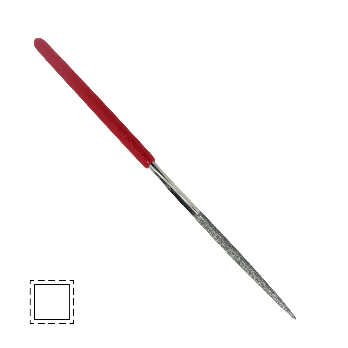 Close-up of precision diamond-coated needle file with ergonomic handle for jewellery making, deburring and fine detail finishing