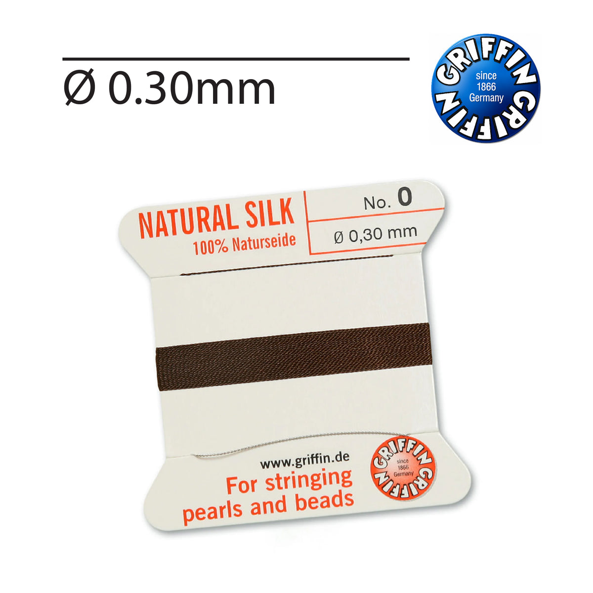 Griffin® Brown natural silk bead cord Nr. 0 0.30mm with needle