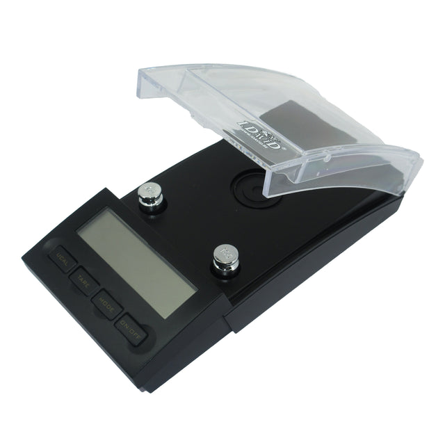 I.D.20 digital jewelry scale with protective cover open and LCD display