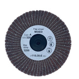 Mixed flap wheel with Scotch-Brite and emery paper, Ø110 mm abrasive wheel for surface finishing.