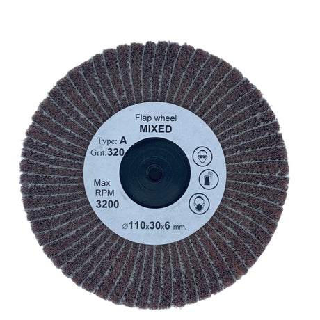 Mixed flap wheel with Scotch-Brite and emery paper, Ø110 mm abrasive wheel for surface finishing.