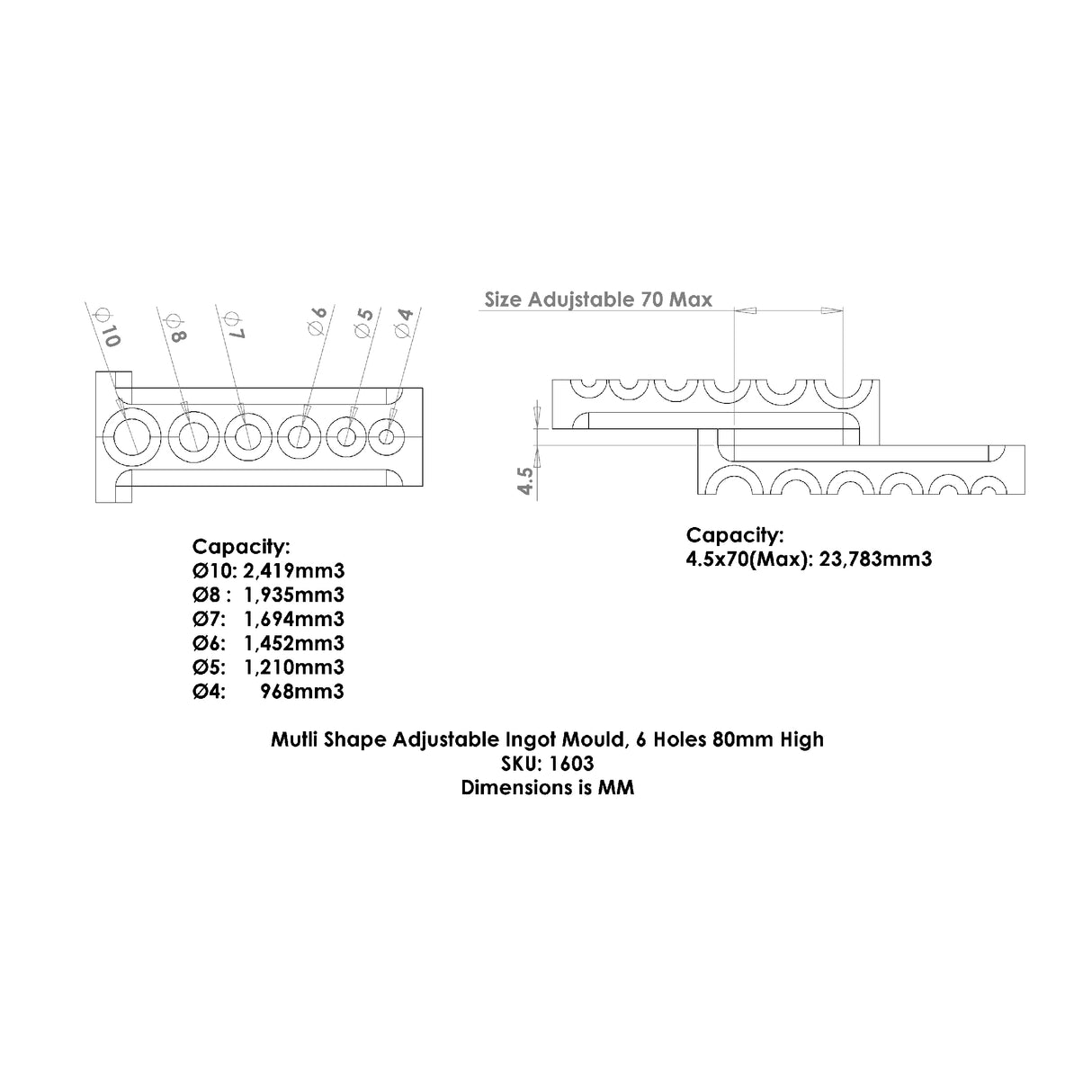 Adjustable ingot mould capacity chart 6 hole 80mm