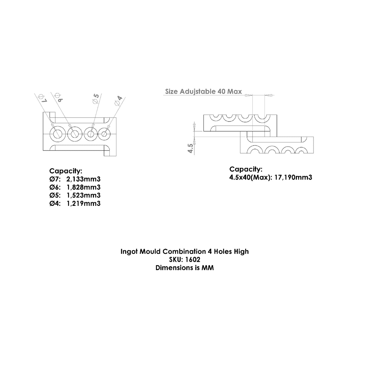 Adjustable ingot mould for wire diameters 4mm to 7mm