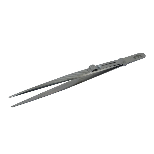 Stainless steel jewelry tweezers with locking mechanism