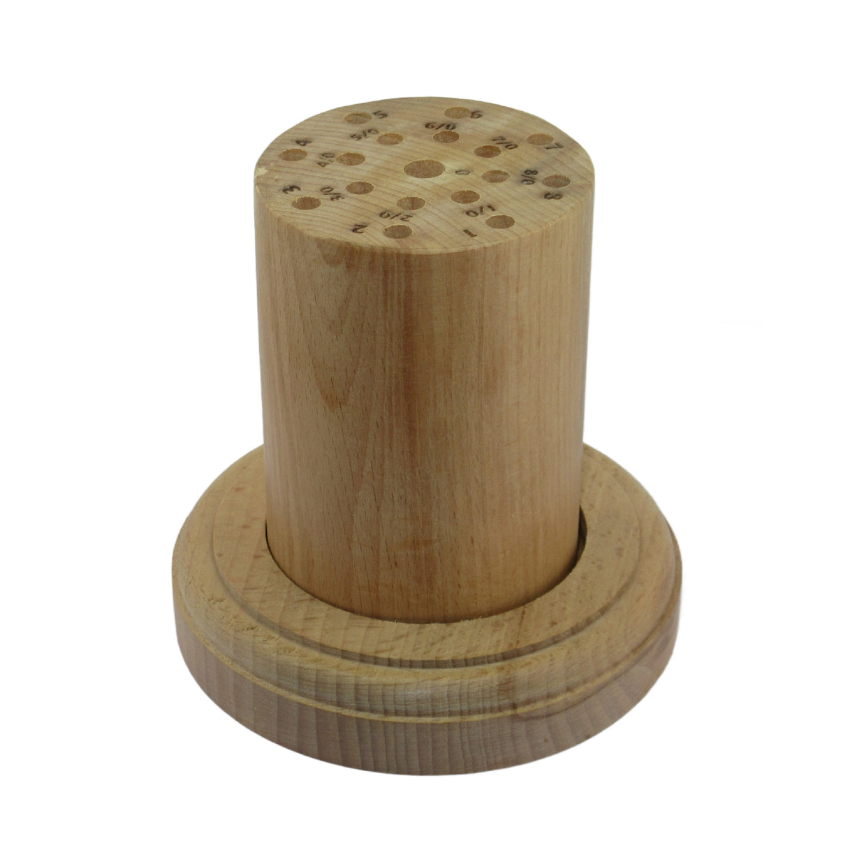 Solid wood saw blade holder organizer with round base designed to store and sort fine saw blades by size