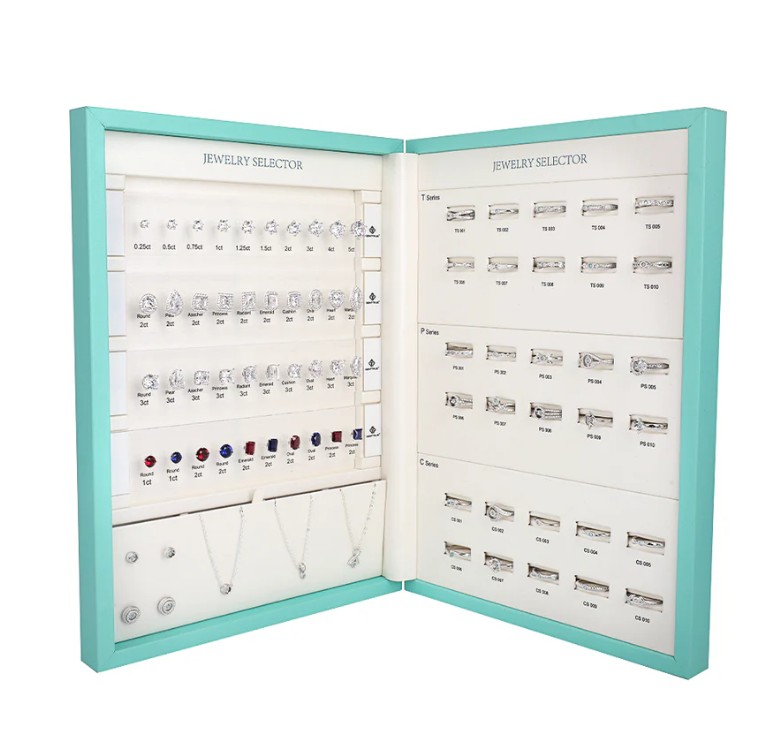 jewelry display box with rings and diamond samples