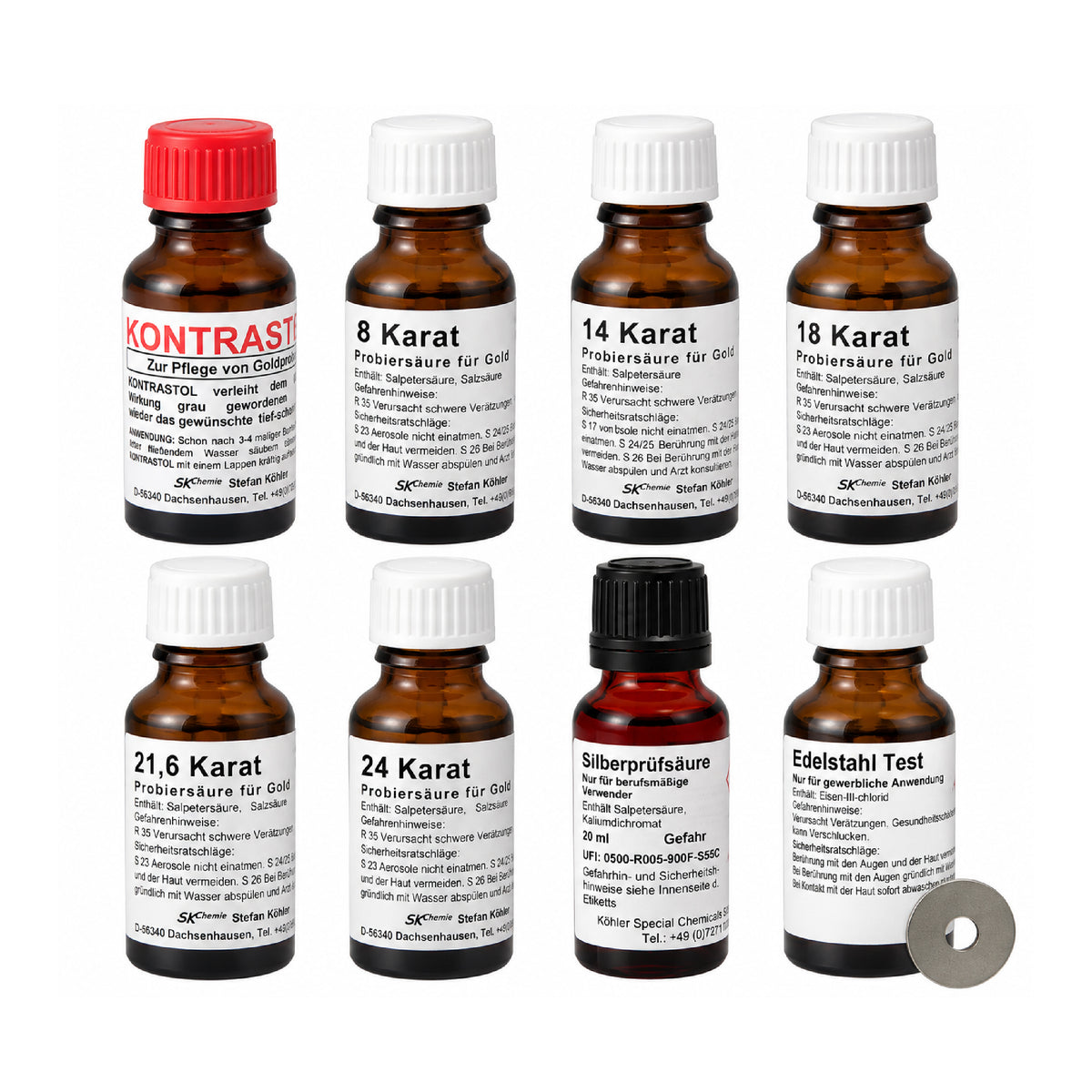 Gold testing solutions 8ct to 24ct 20ml for touchstone testing