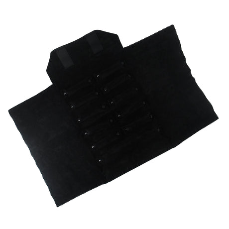 Black leatherette jewelry roll with black suede interior