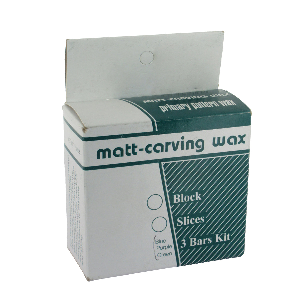 “Green hard, purple medium, and blue soft carving wax bars”