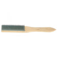 Steel bristle file cleaner with shaped wooden handle for cleaning clogged file teeth