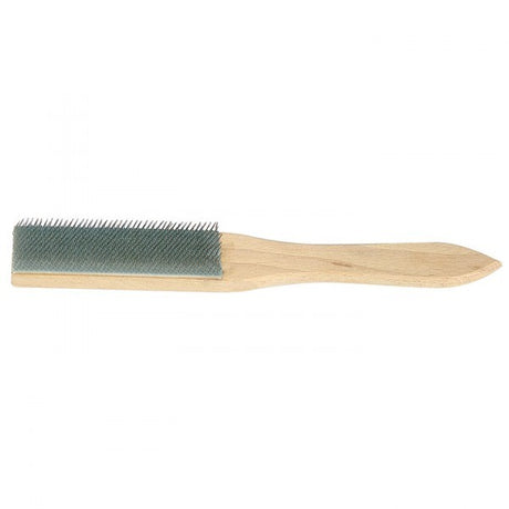 Steel bristle file cleaner with shaped wooden handle for cleaning clogged file teeth